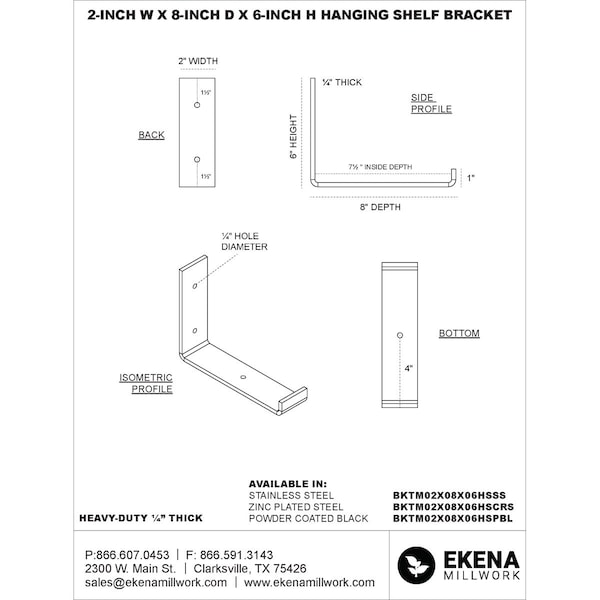 Steel Hanging Shelf Bracket, Unfinished 2W X 8D X 6H